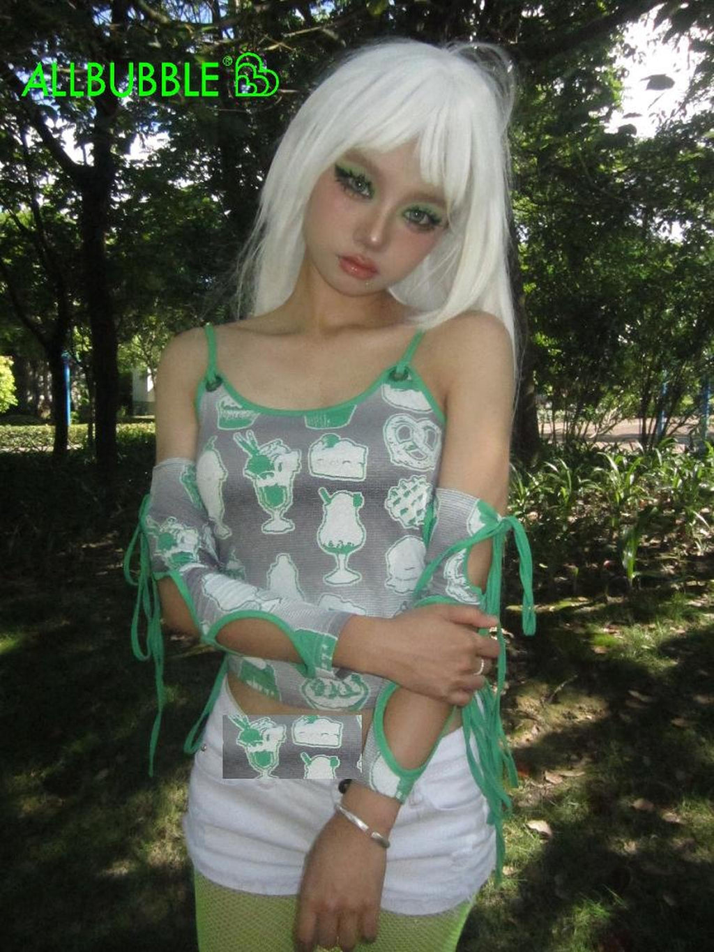 allbubble Green Ice Cream Print Side Cutout Strappy Women's Polyester Tank Tops