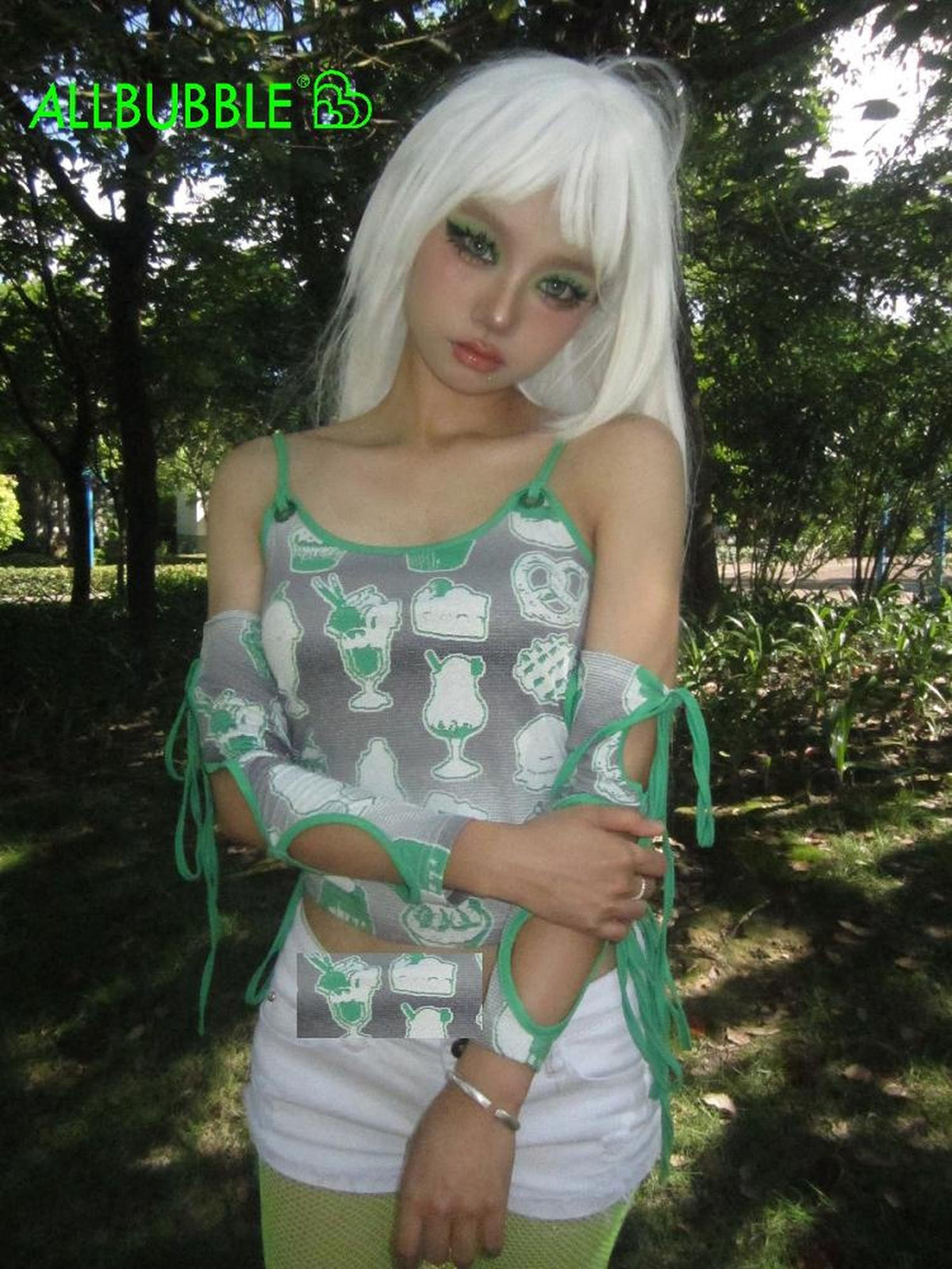 allbubble Green Ice Cream Print Side Cutout Strappy Women's Polyester Tank Tops