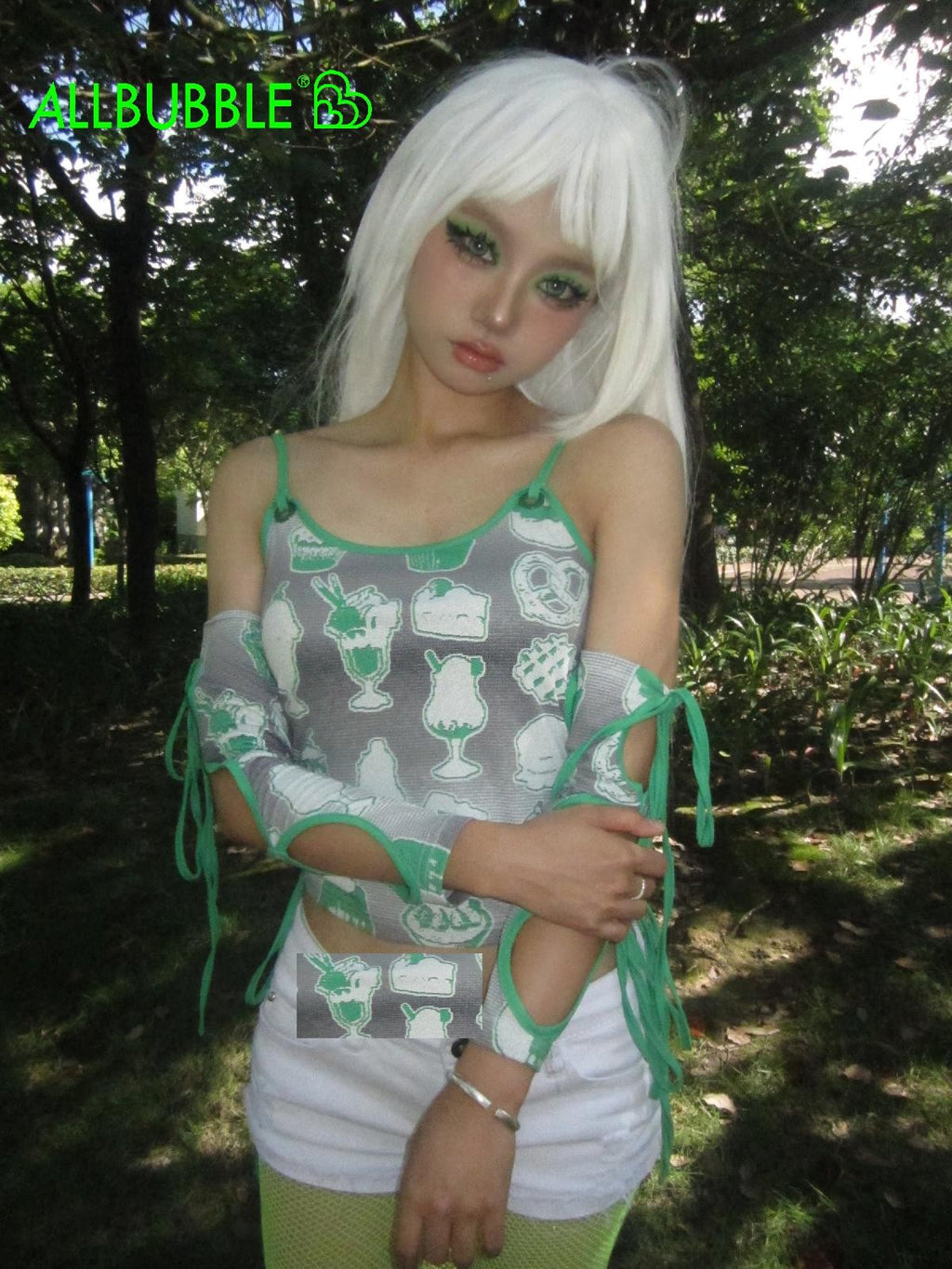 allbubble Green Ice Cream Print Side Cutout Strappy Women's Polyester Tank Tops