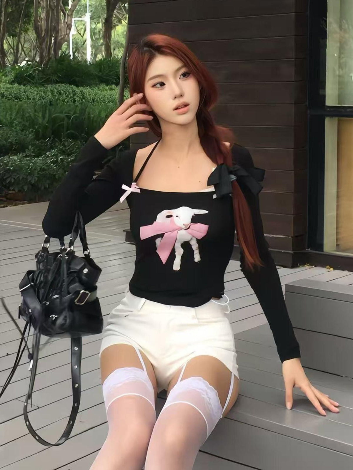 allbubble Halter Bow Print Slim Fit Cotton Women's Long Sleeve T-shirts