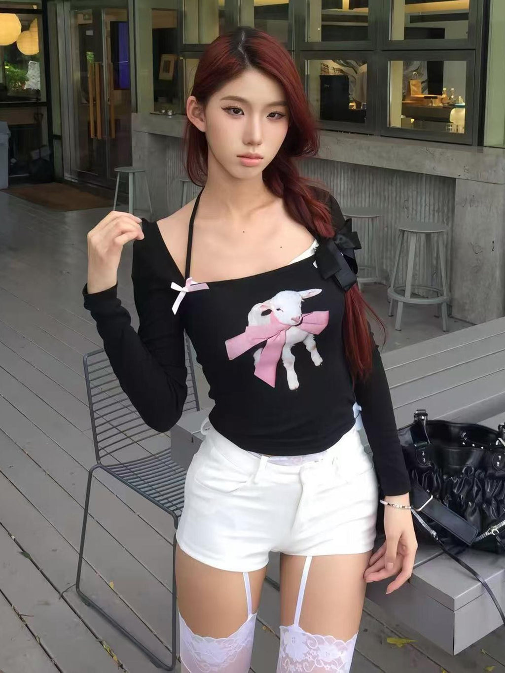 allbubble Halter Bow Print Slim Fit Cotton Women's Long Sleeve T-shirts