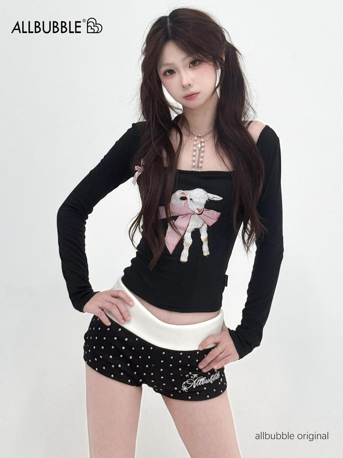 allbubble Halter Bow Print Slim Fit Cotton Women's Long Sleeve T-shirts