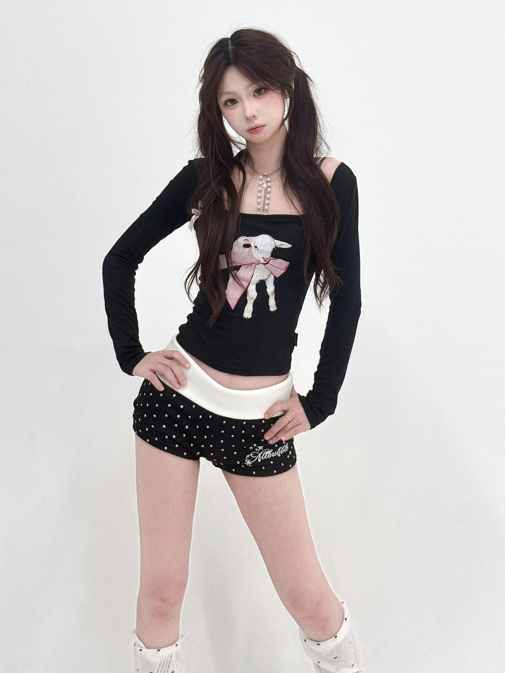 allbubble Halter Bow Print Slim Fit Cotton Women's Long Sleeve T-shirts