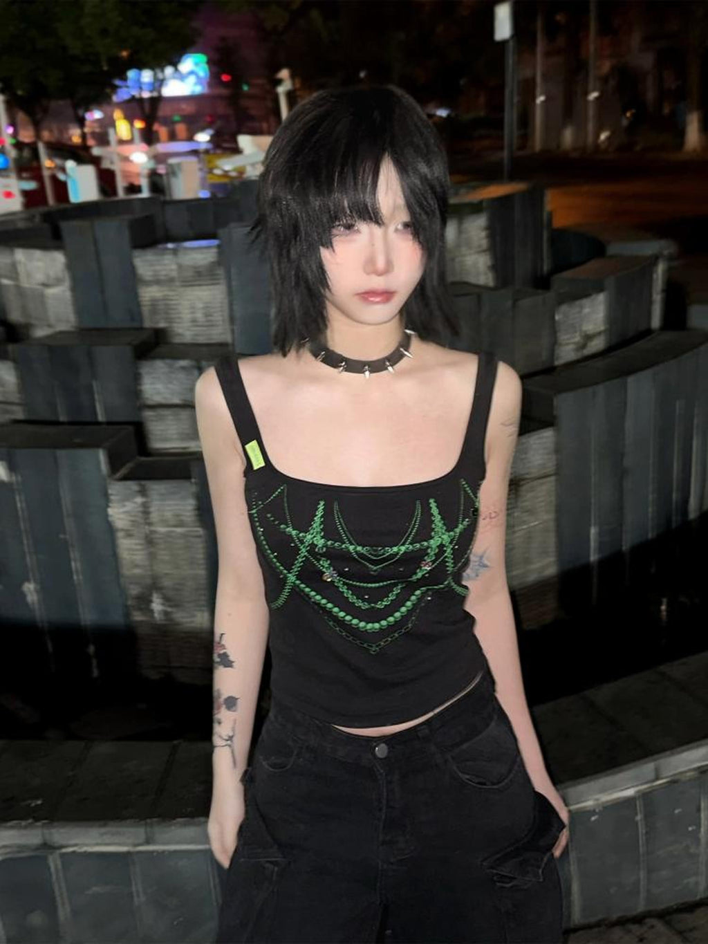 allbubble Hand Sewn Rhinestone Square Neck Printed Women's Cotton Tank Tops