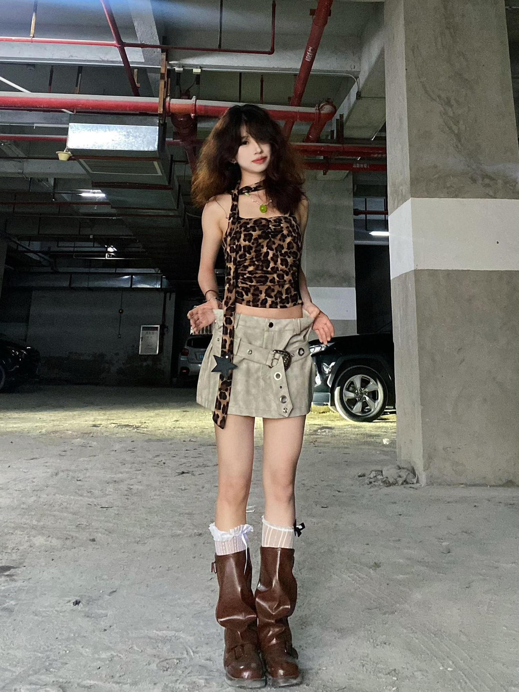 allbubble Leopard Print Lace Ruched Open Back Women's Polyester Tube Tops