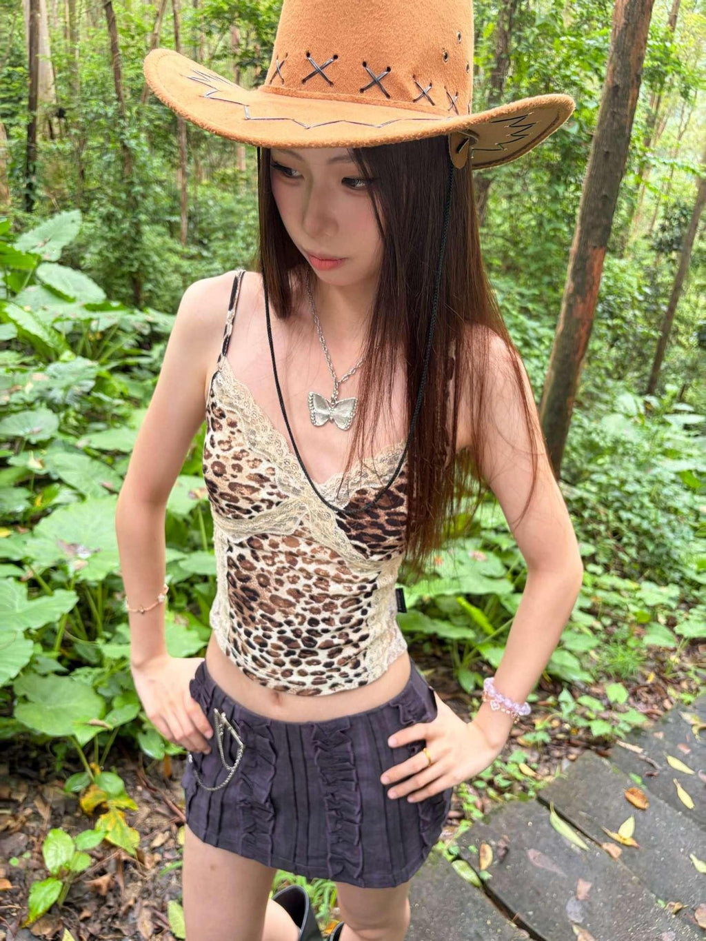 allbubble Leopard Print Lace V-neck Slim Fit Women's Lace Padded Camisoles