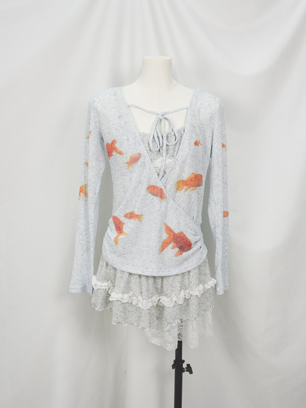 allbubble Light Blue Linen Animal Print Long Sleeve Tie Front Women's Cardigans