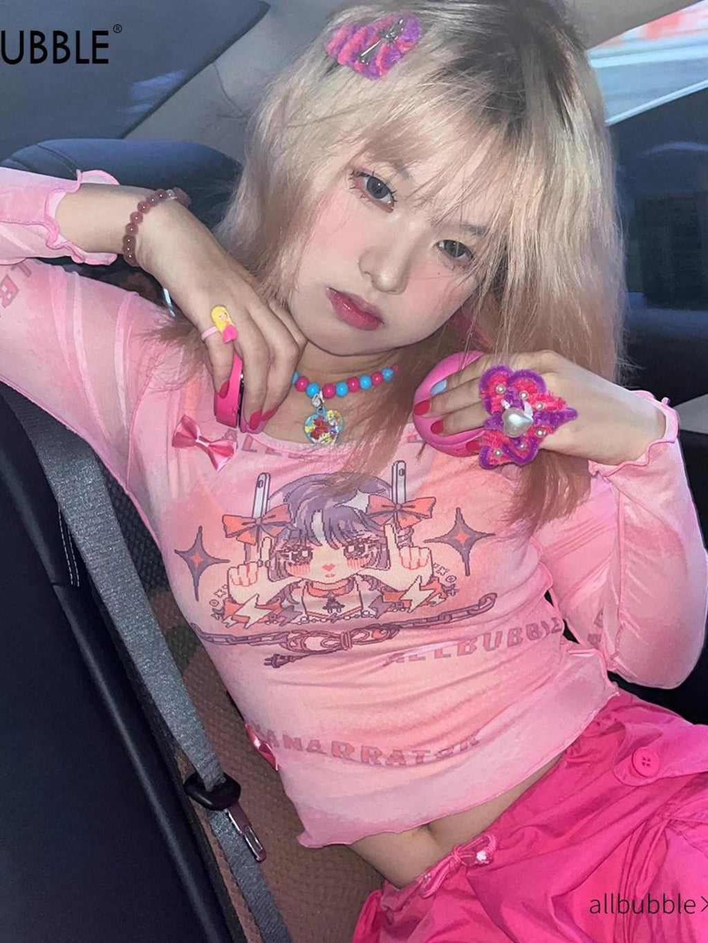 allbubble Pink Print Mesh Slim Fit Cartoon Women's Long Sleeve T-shirts