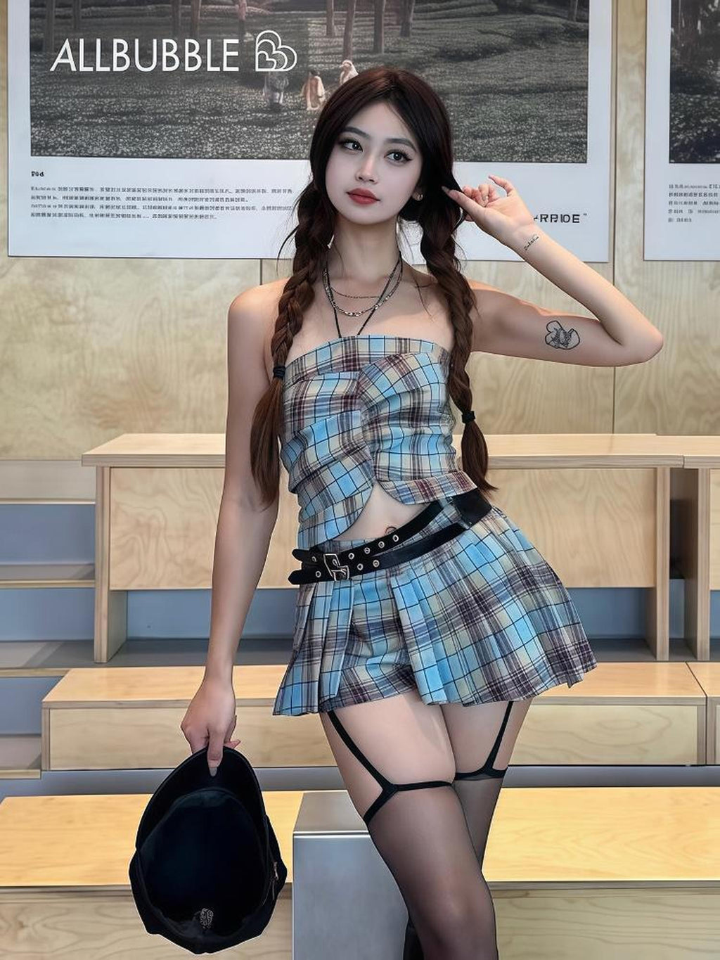 allbubble Plaid Belted Waist Metal Detail Asymmetric Women's Pleated Skirts
