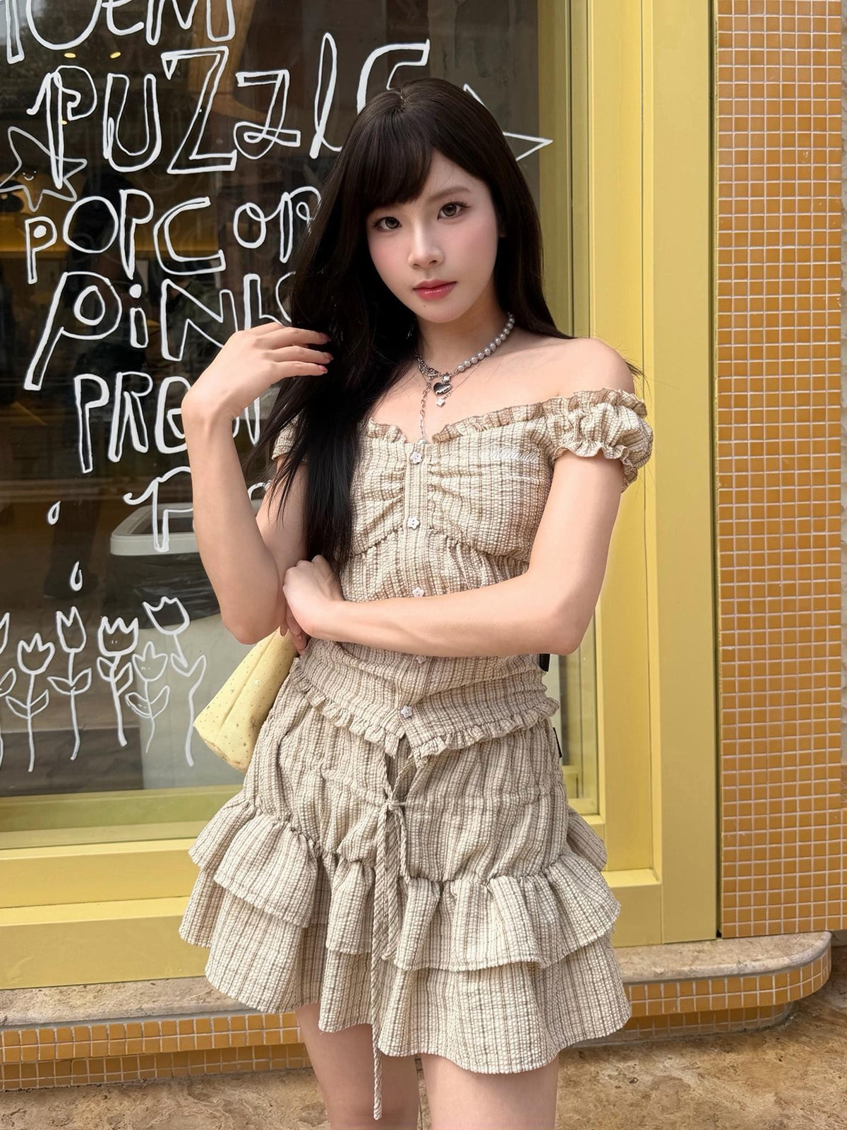 allbubble Plaid Embroidered Women's Polyester Matching Skirt Sets