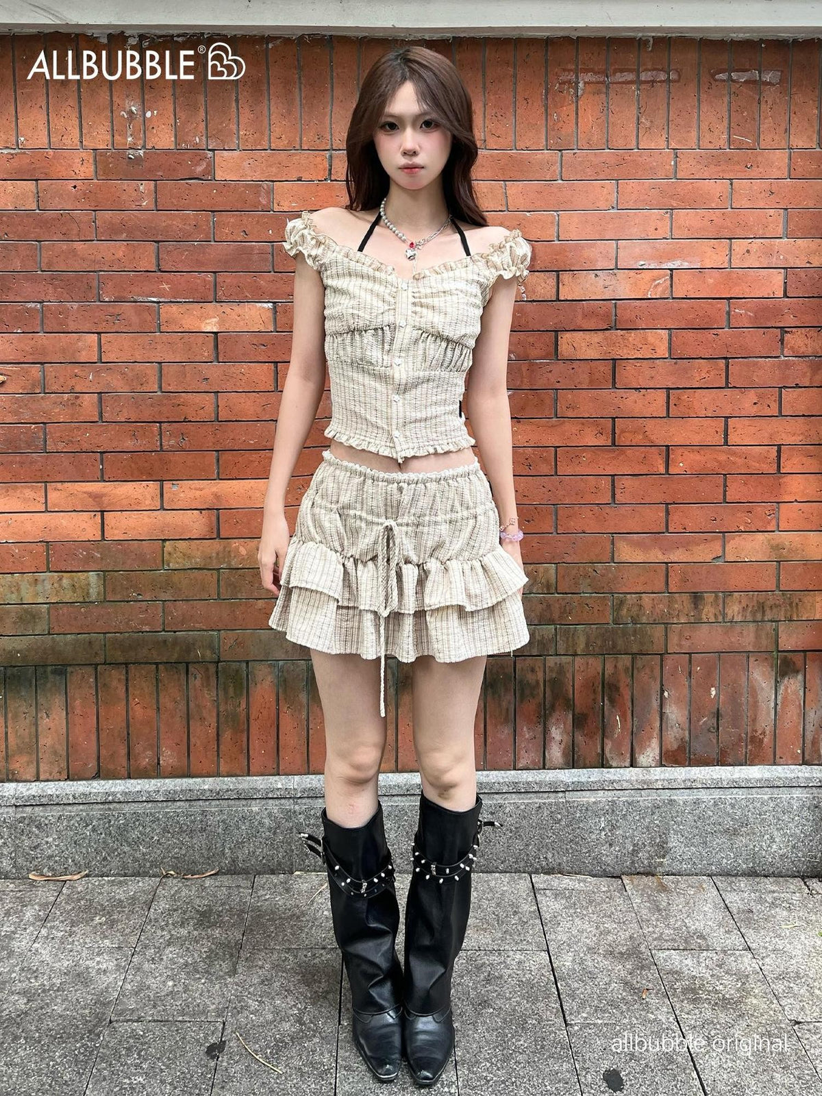 allbubble Plaid Embroidered Women's Polyester Matching Skirt Sets