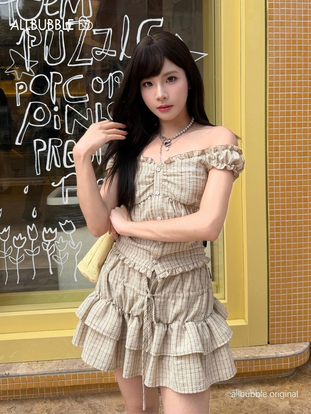 allbubble Plaid Embroidered Women's Polyester Matching Skirt Sets