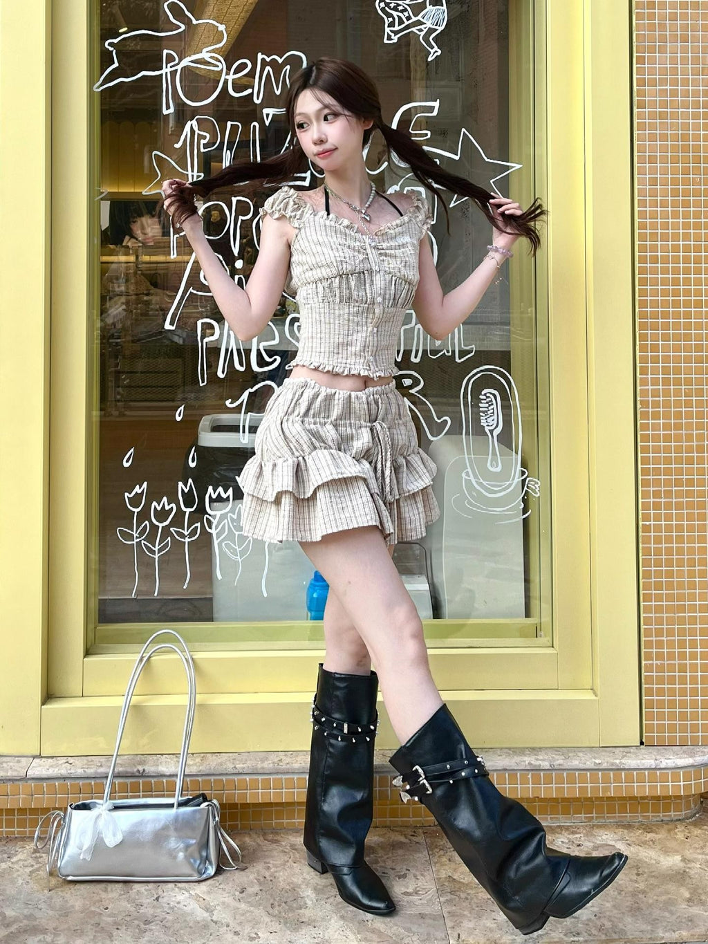 allbubble Plaid Embroidered Women's Polyester Matching Skirt Sets