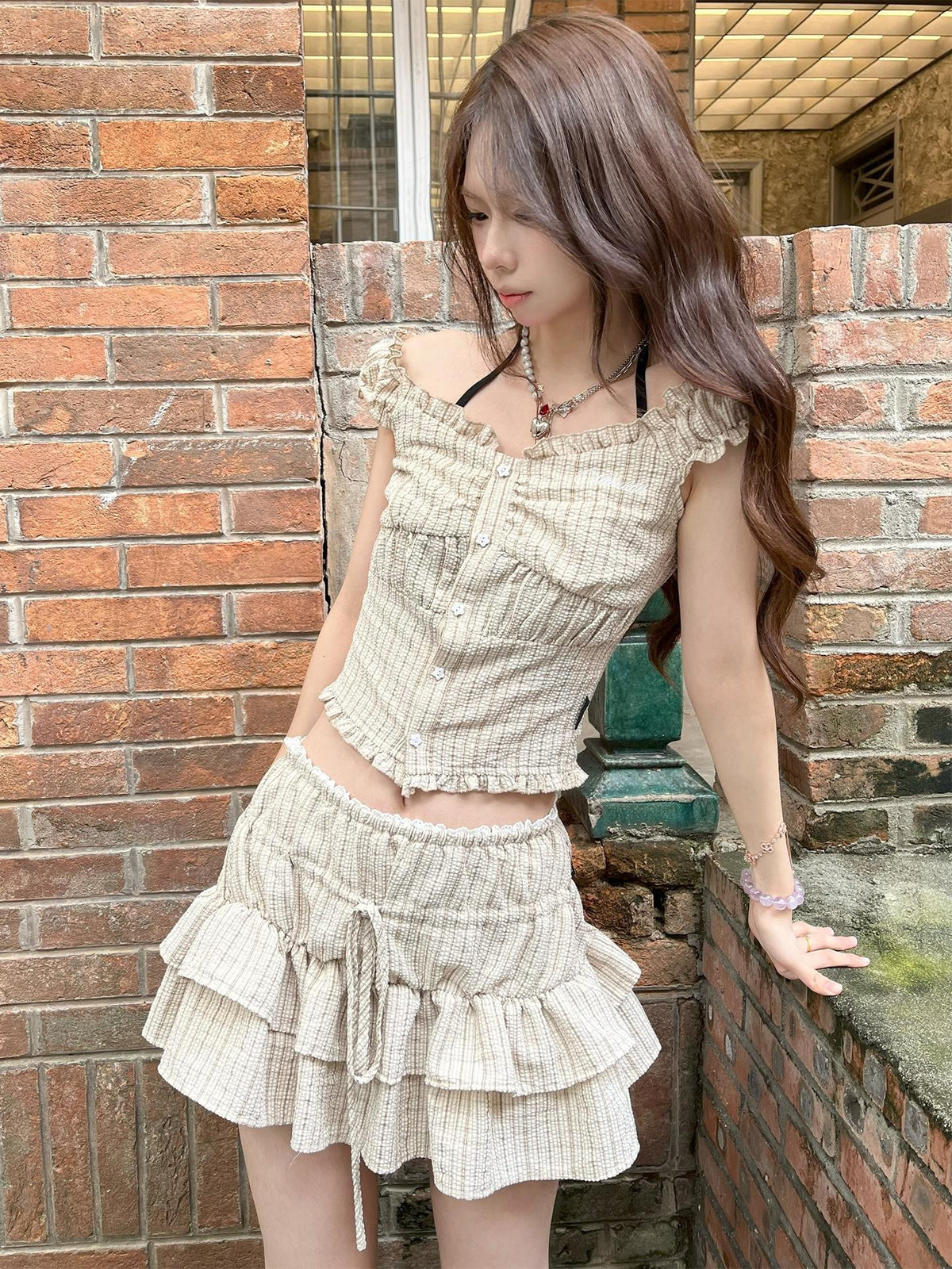 allbubble Plaid Embroidered Women's Polyester Matching Skirt Sets