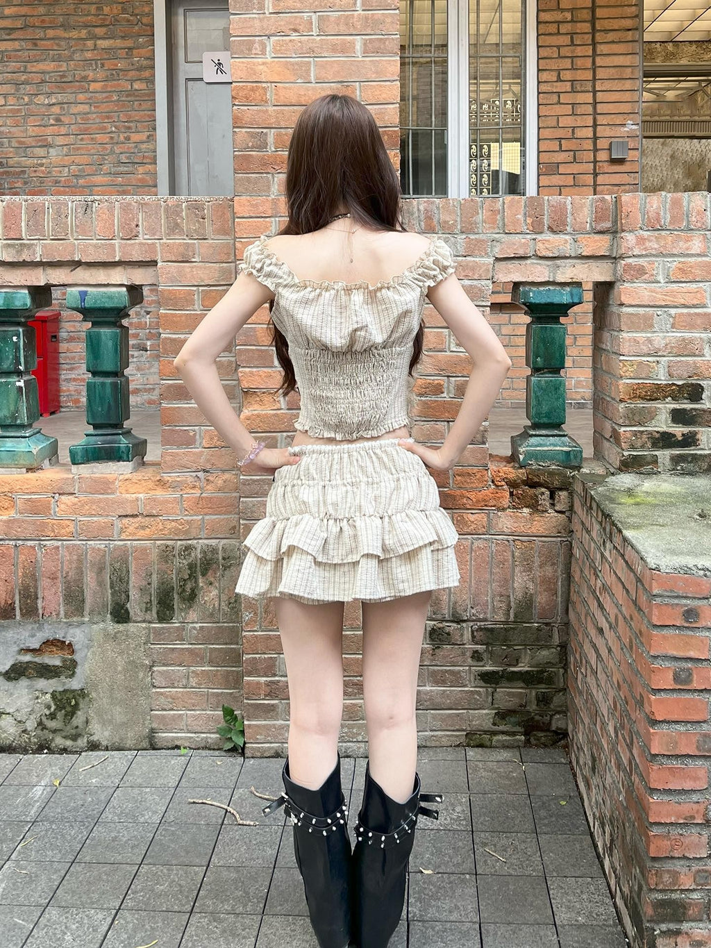 allbubble Plaid Embroidered Women's Polyester Matching Skirt Sets
