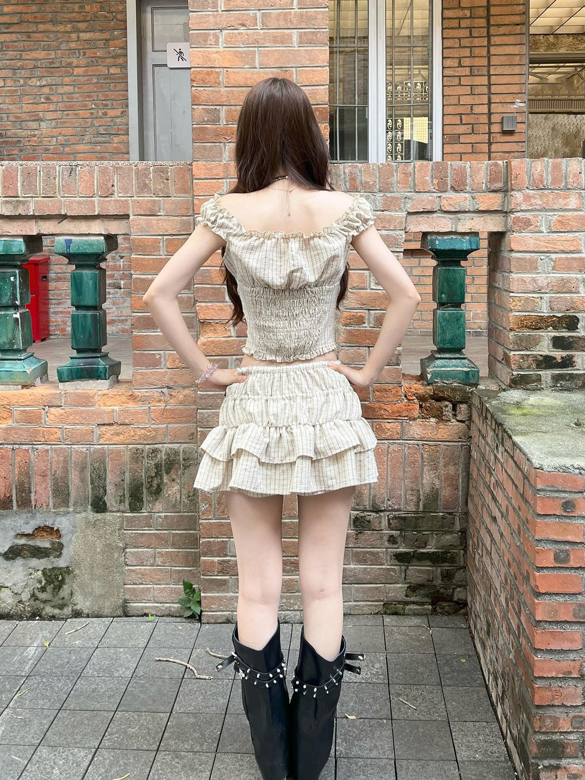 allbubble Plaid Embroidered Women's Polyester Matching Skirt Sets