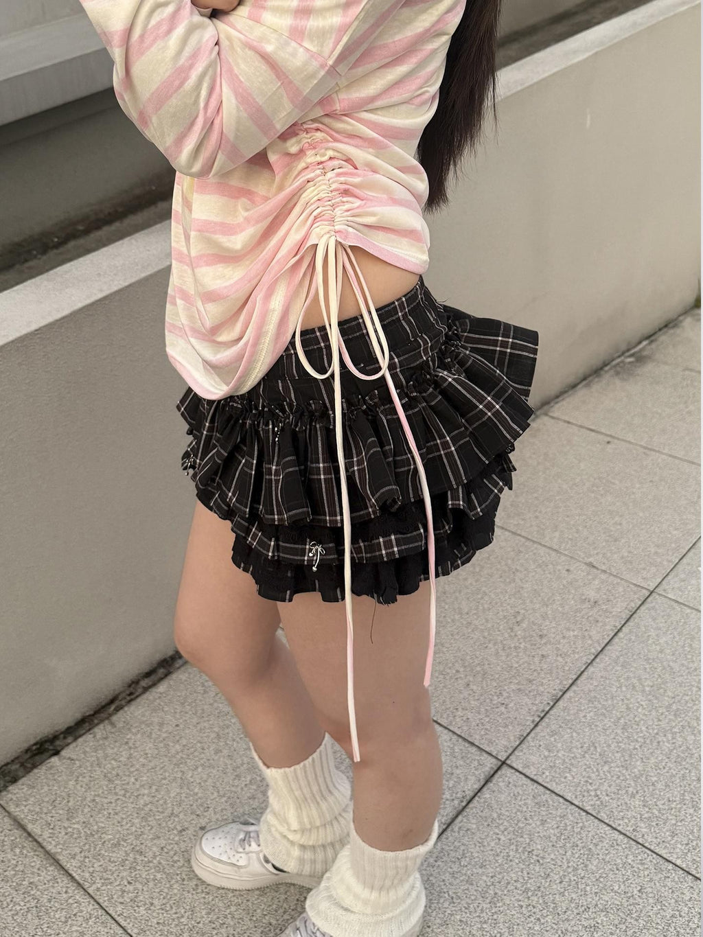 allbubble Plaid Lace Ruffle A Line Women's Cotton Tiered Skirts