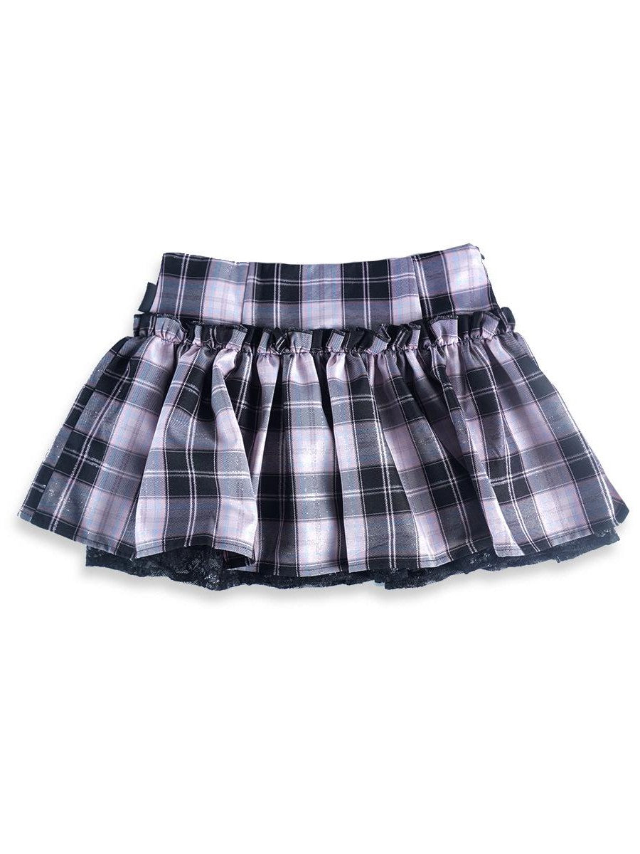 allbubble Plaid Lace Trim Split Tiered Mid Rise Women's Polyester Mini Skirts