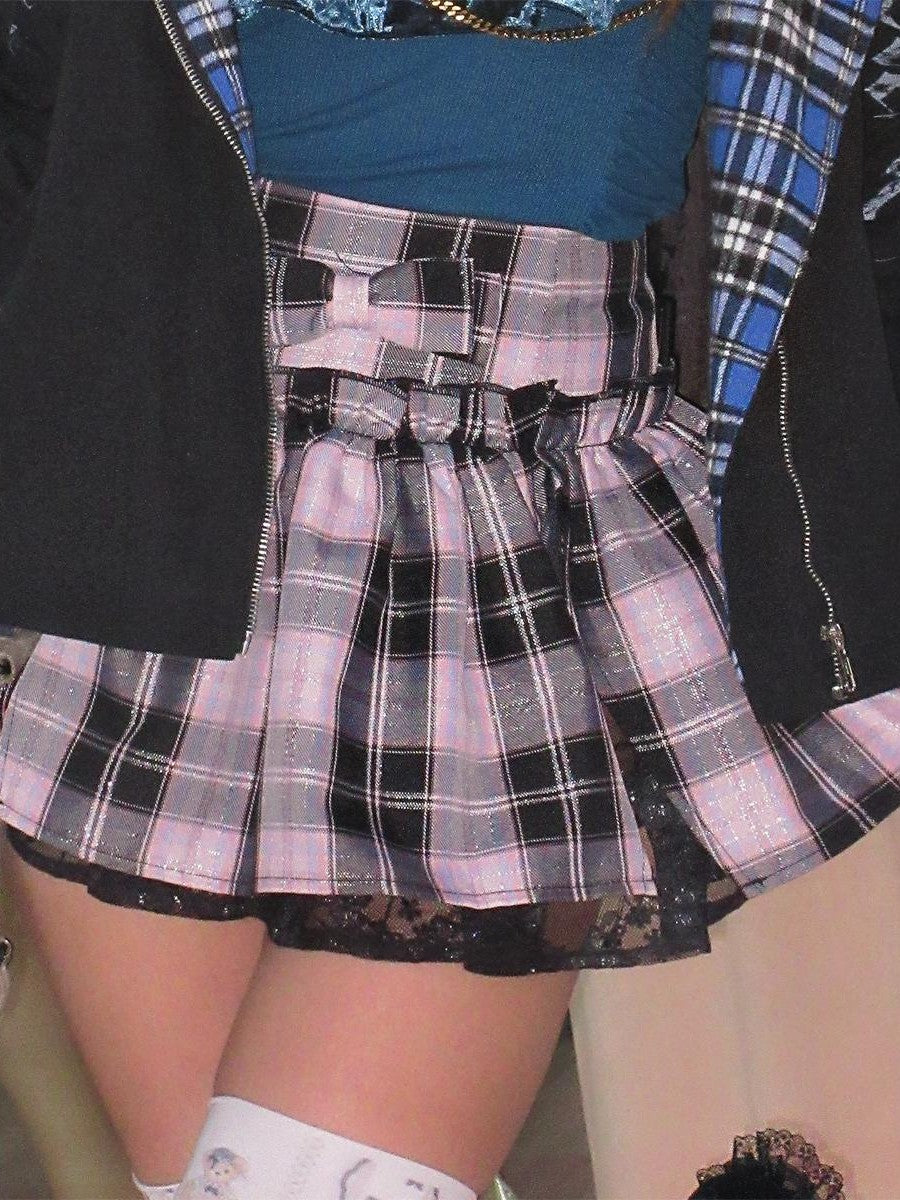 allbubble Plaid Lace Trim Split Tiered Mid Rise Women's Polyester Mini Skirts