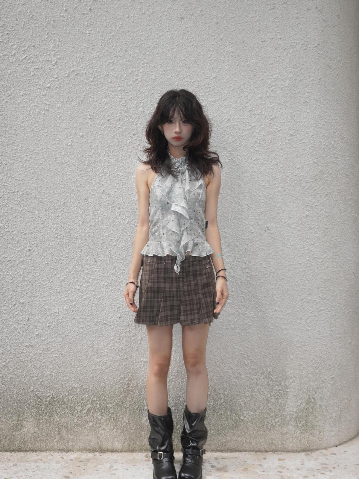 allbubble Plaid Studded Low Waist Bias Cut Women's Polyester Pleated Skirts