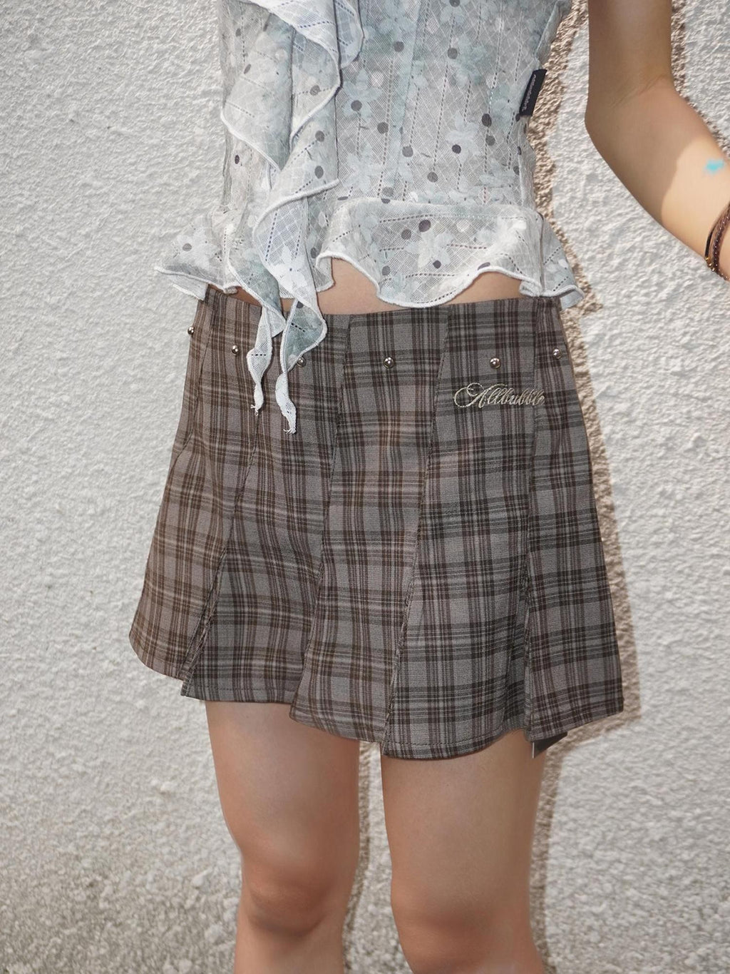 allbubble Plaid Studded Low Waist Bias Cut Women's Polyester Pleated Skirts