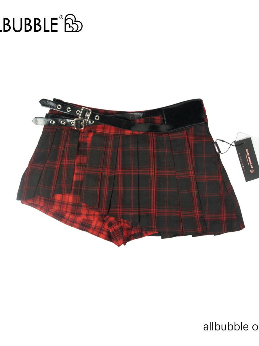 allbubble Pleated Red Plaid Irregular Tie Zip Women's Polyester Pleated Skirts
