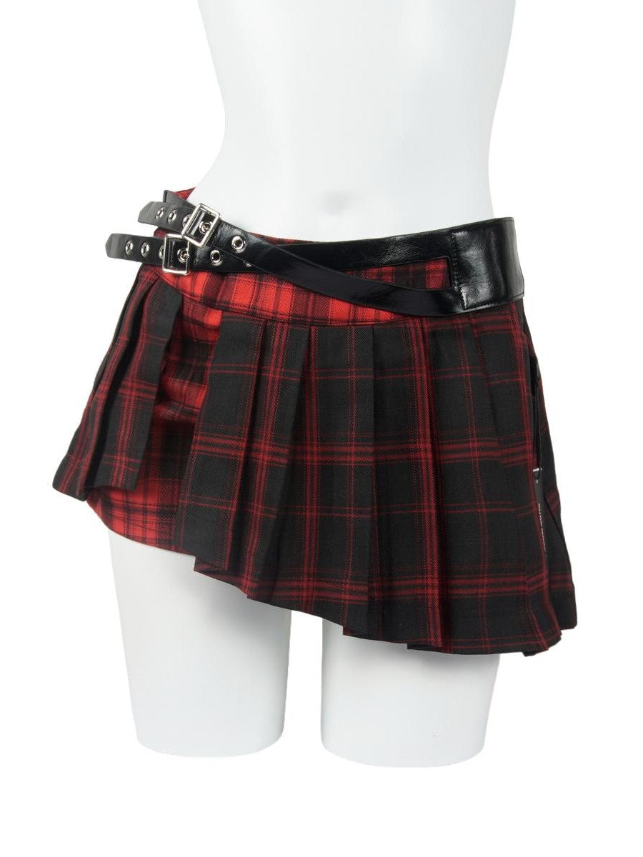 allbubble Pleated Red Plaid Irregular Tie Zip Women's Polyester Pleated Skirts