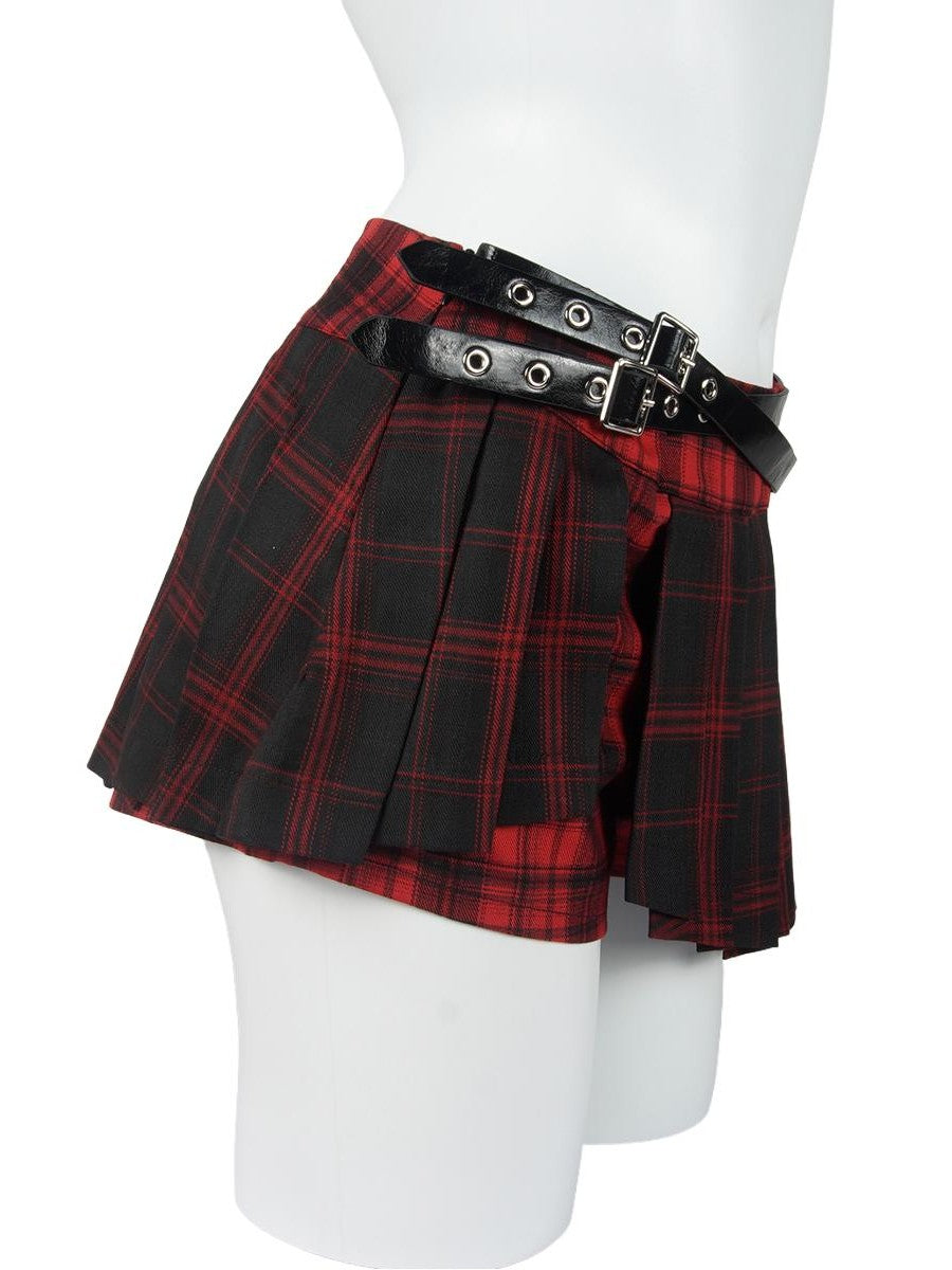allbubble Pleated Red Plaid Irregular Tie Zip Women's Polyester Pleated Skirts