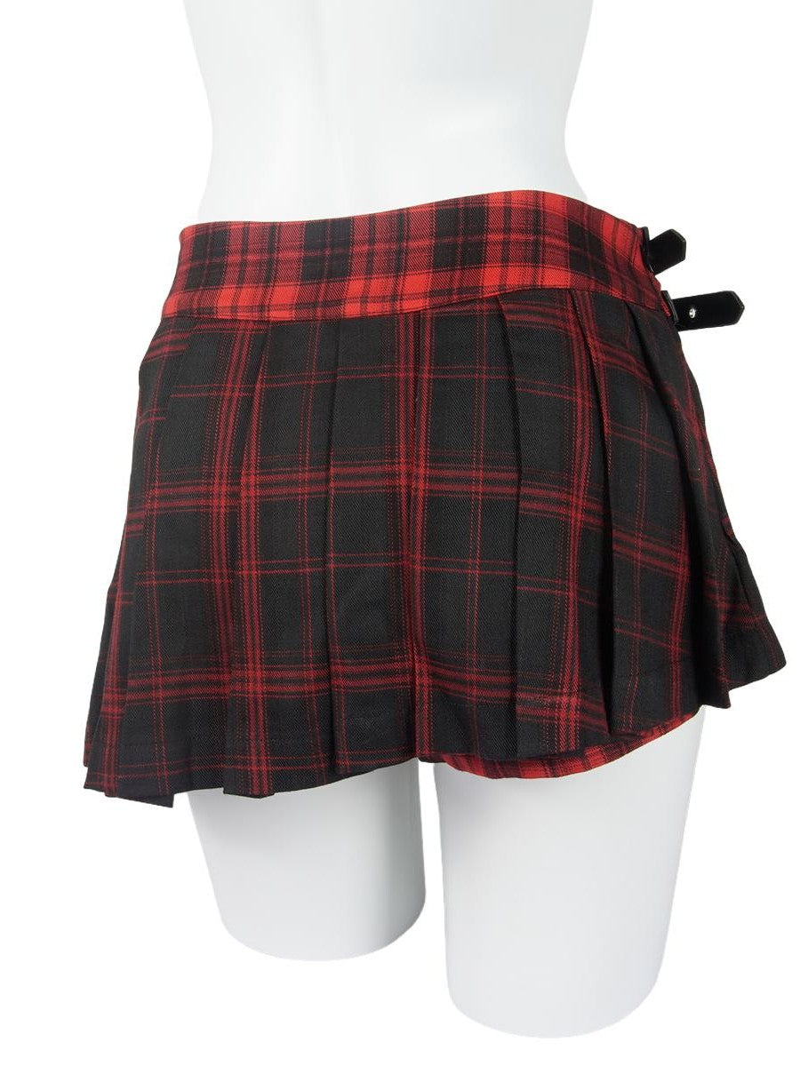 allbubble Pleated Red Plaid Irregular Tie Zip Women's Polyester Pleated Skirts