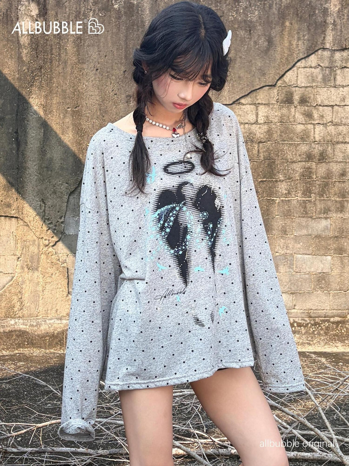 allbubble Polka Dot Print Linen Women's Long Sleeve T-shirts