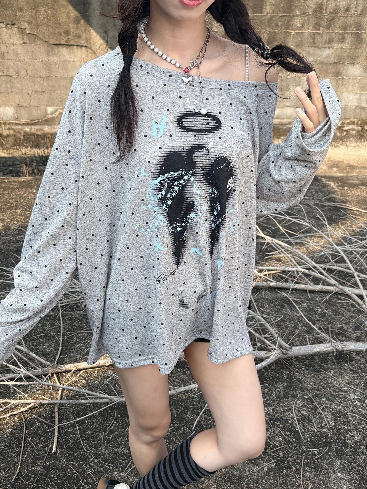 allbubble Polka Dot Print Linen Women's Long Sleeve T-shirts