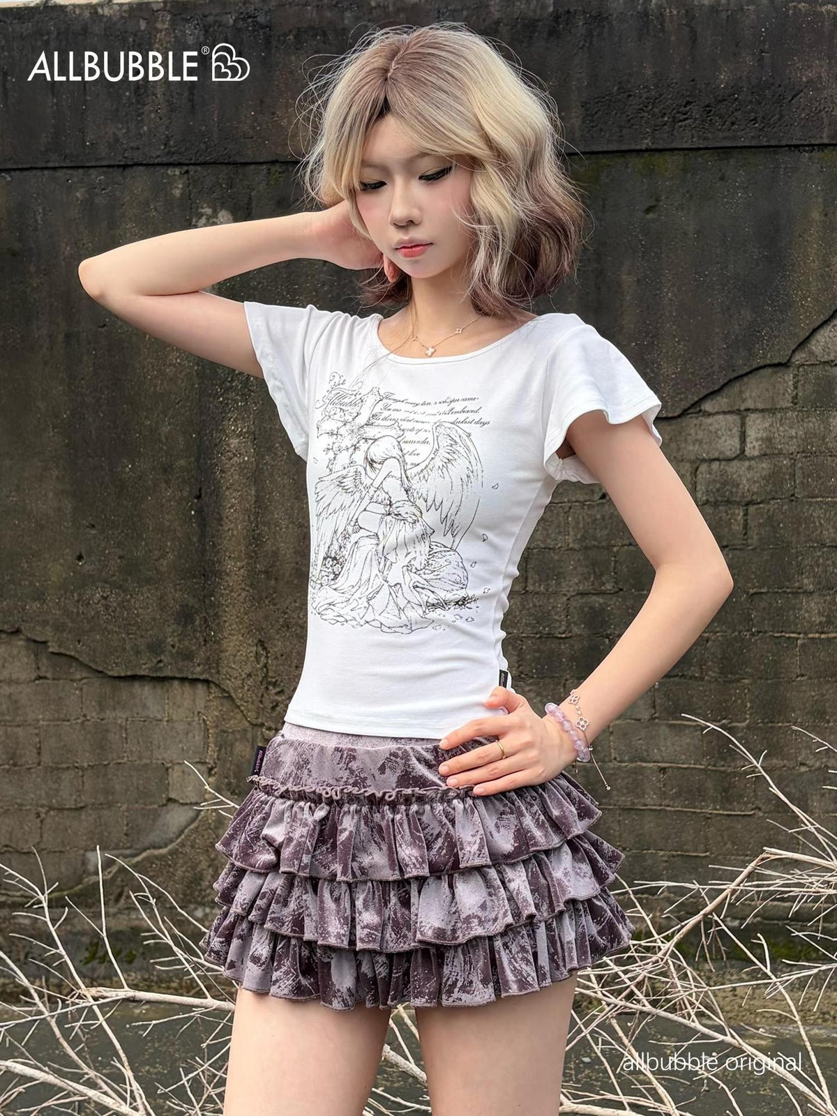 allbubble Printed Ruffled Fly Sleeve Cotton Women's Slim T-shirts