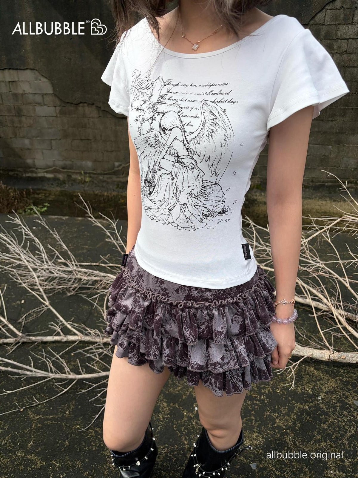 allbubble Printed Ruffled Fly Sleeve Cotton Women's Slim T-shirts