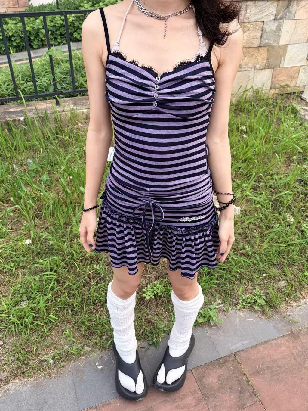 allbubble Purple Black Striped Lace Trim Drawstring Knit Women's Lyocell Slip Mini Dresses
