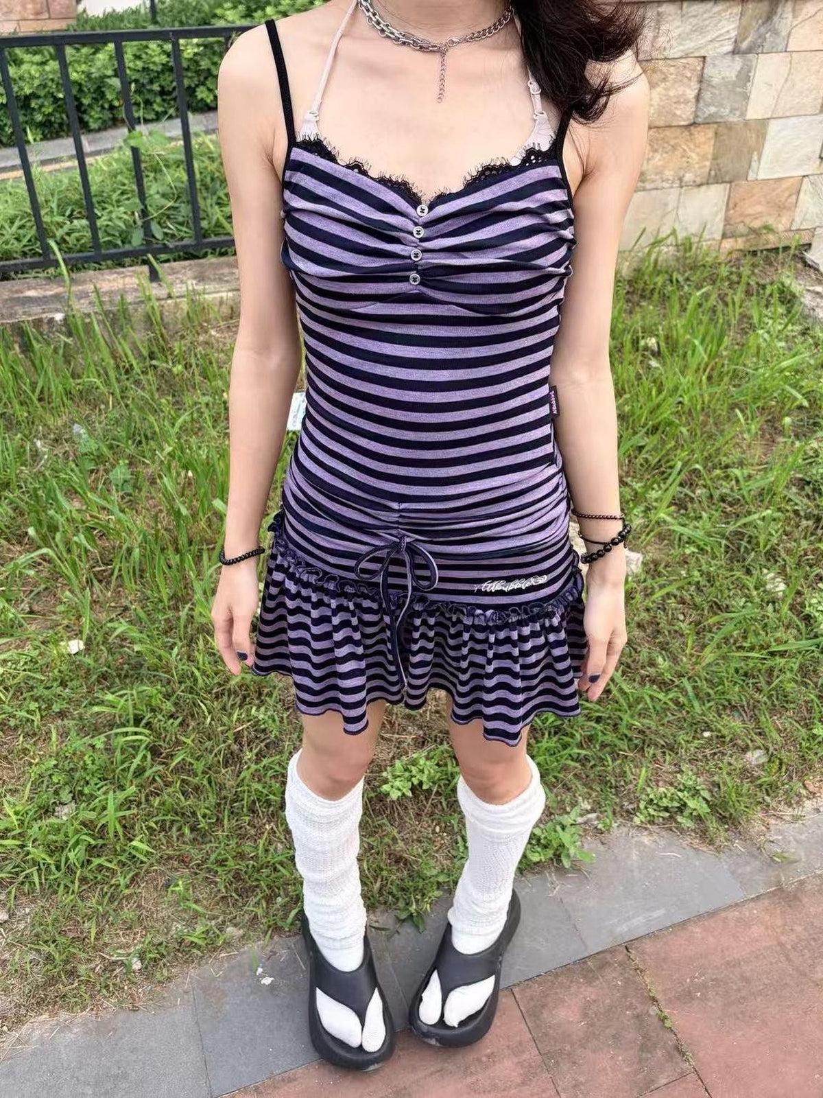 allbubble Purple Black Striped Lace Trim Drawstring Knit Women's Lyocell Slip Mini Dresses