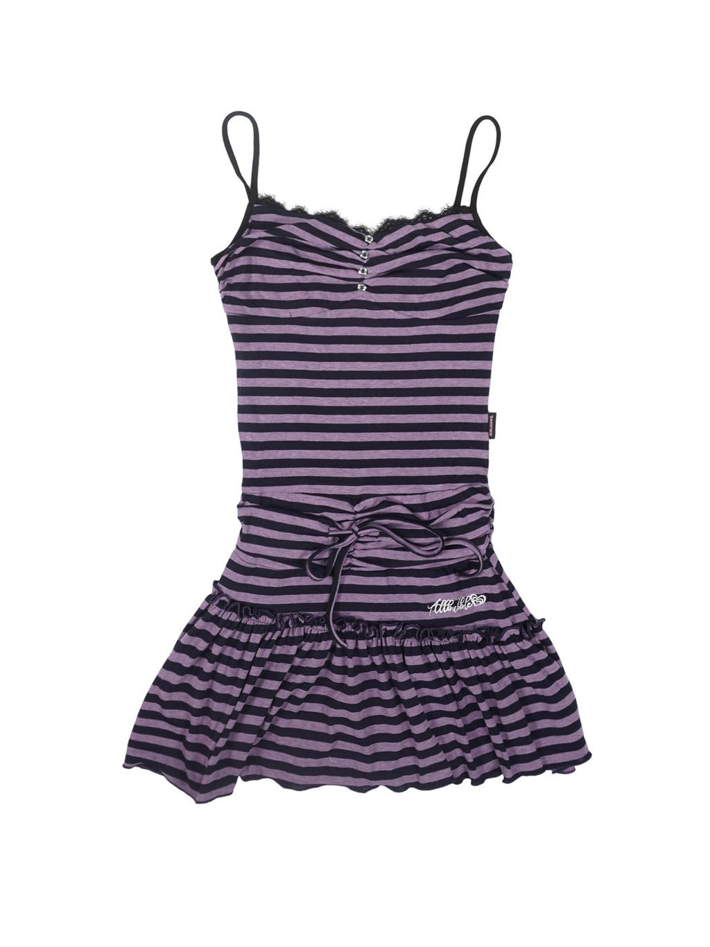 allbubble Purple Black Striped Lace Trim Drawstring Knit Women's Lyocell Slip Mini Dresses