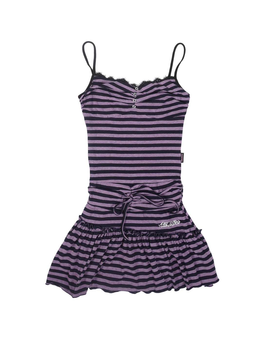 allbubble Purple Black Striped Lace Trim Drawstring Knit Women's Lyocell Slip Mini Dresses
