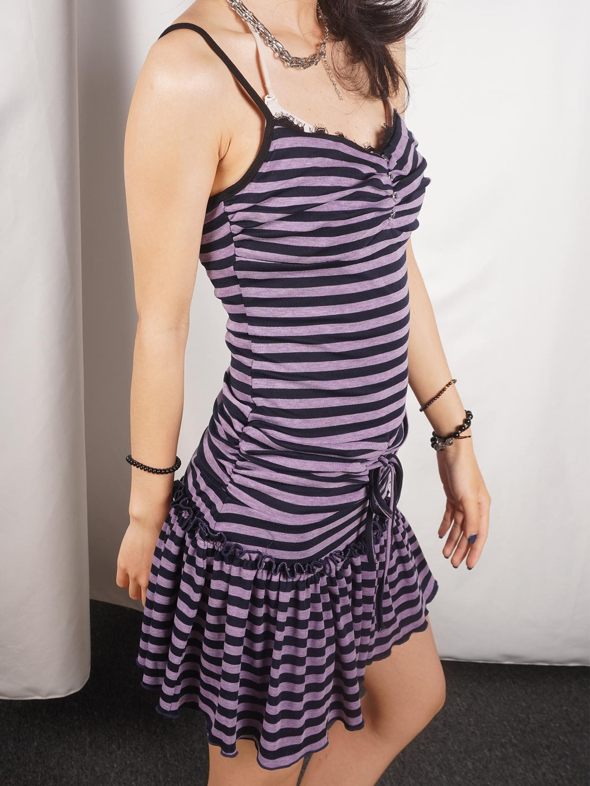 allbubble Purple Black Striped Lace Trim Drawstring Knit Women's Lyocell Slip Mini Dresses