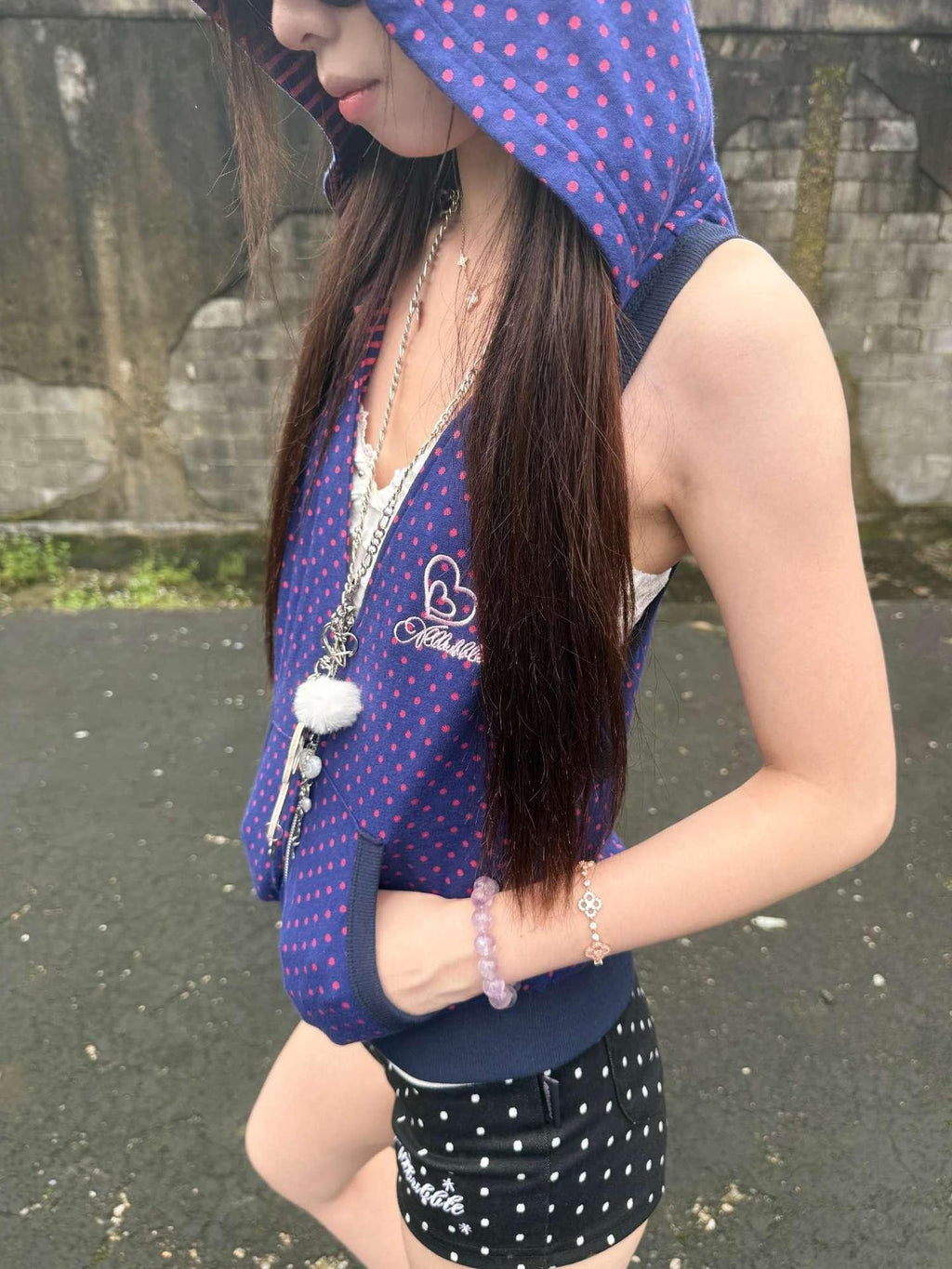 allbubble Purple Striped Polka Dot Reversible Hooded Zip Women's Cotton Blend Tank Tops