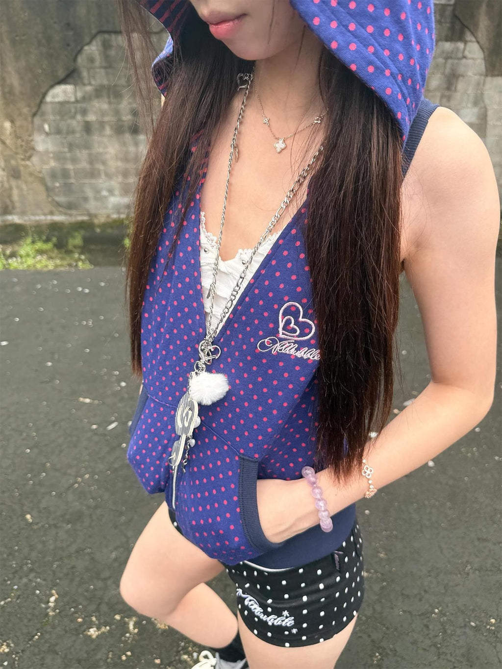 allbubble Purple Striped Polka Dot Reversible Hooded Zip Women's Cotton Blend Tank Tops