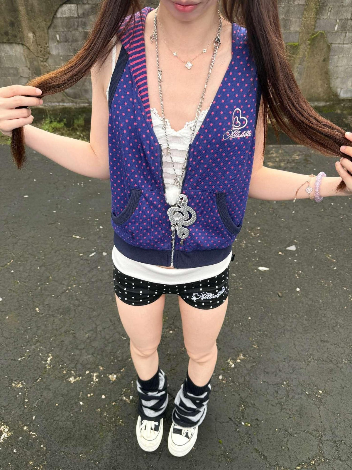 allbubble Purple Striped Polka Dot Reversible Hooded Zip Women's Cotton Blend Tank Tops