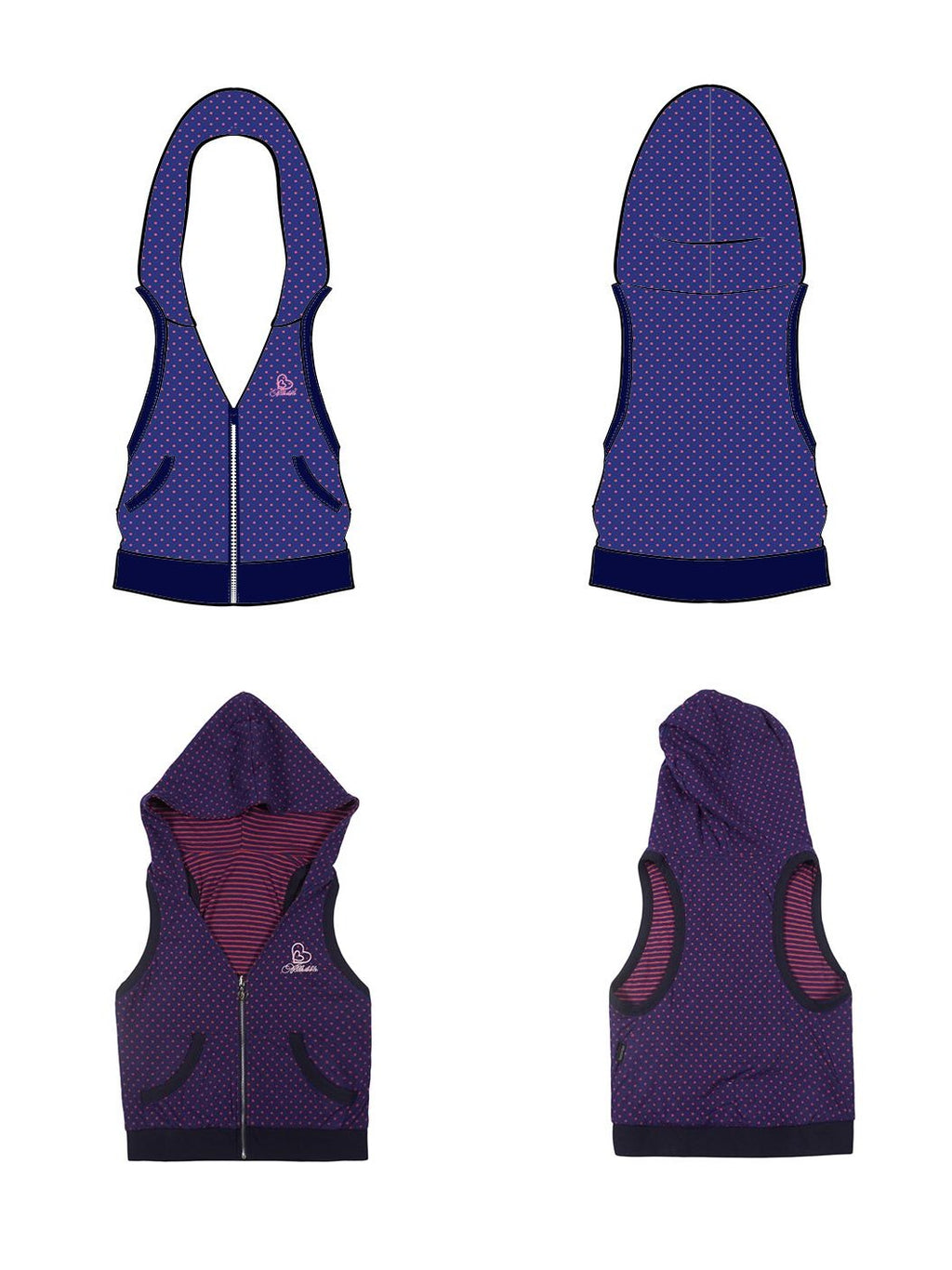 allbubble Purple Striped Polka Dot Reversible Hooded Zip Women's Cotton Blend Tank Tops