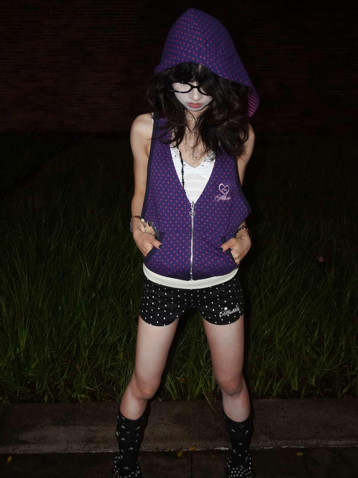 allbubble Purple Striped Polka Dot Reversible Hooded Zip Women's Cotton Blend Tank Tops