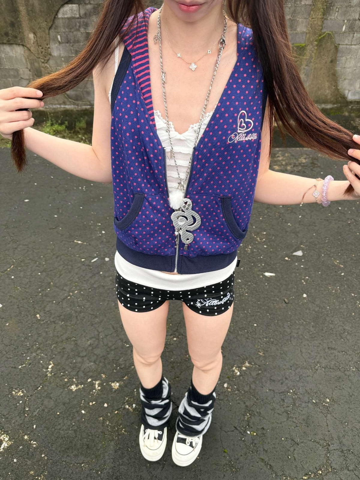 allbubble Purple Striped Polka Dot Reversible Hooded Zip Women's Cotton Blend Tank Tops