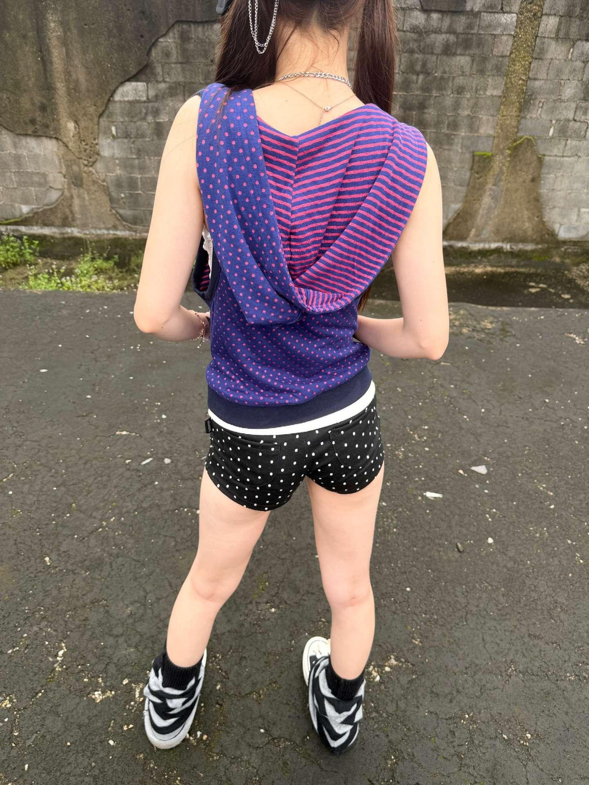 allbubble Purple Striped Polka Dot Reversible Hooded Zip Women's Cotton Blend Tank Tops