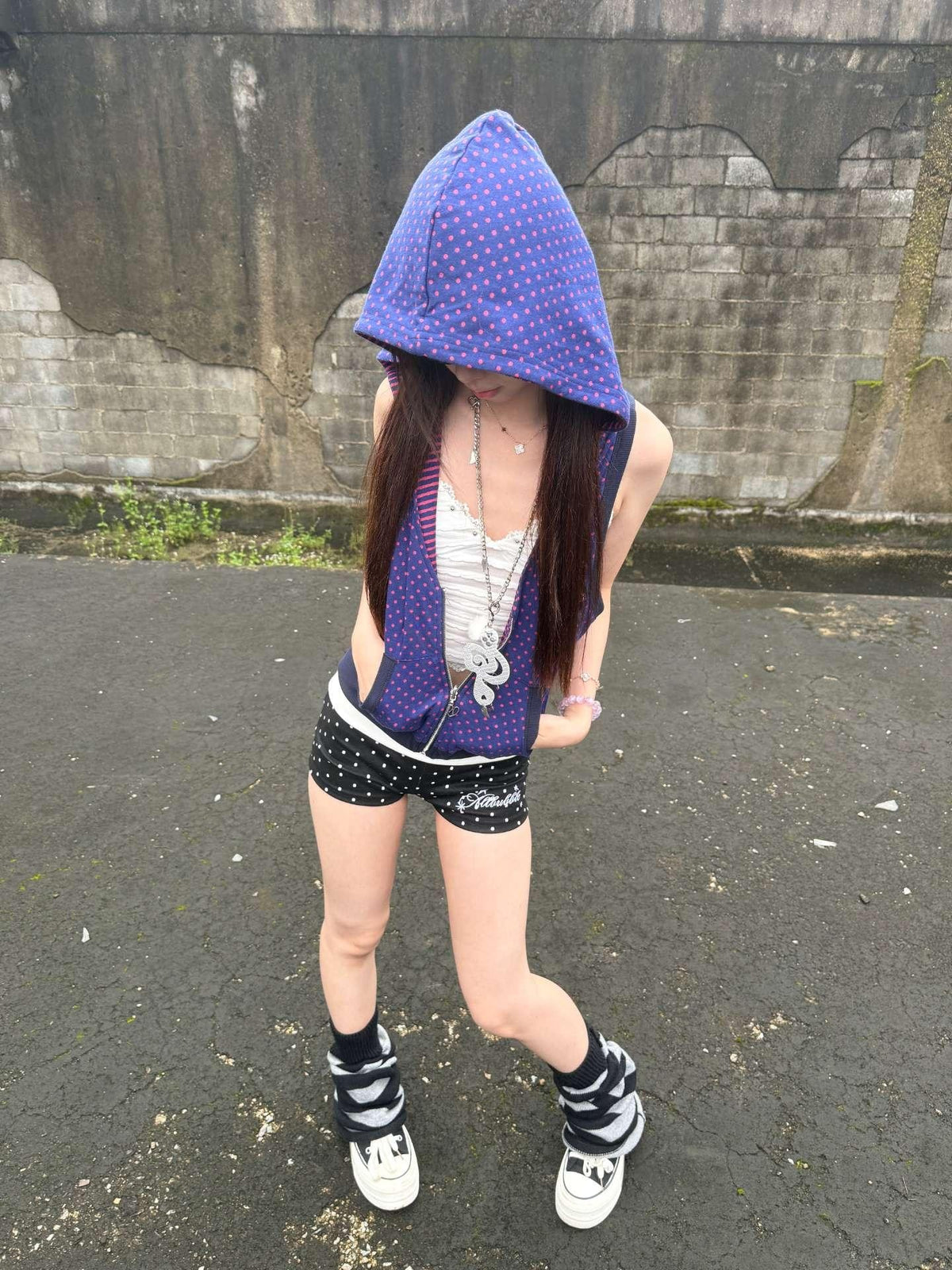 allbubble Purple Striped Polka Dot Reversible Hooded Zip Women's Cotton Blend Tank Tops