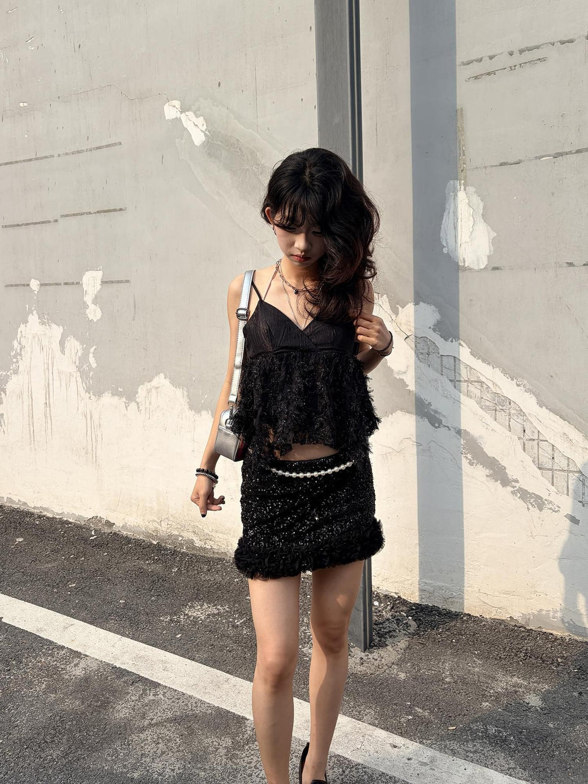 allbubble Shiny Lace Ruched V-neck Stripe Women's Polyester Camisoles