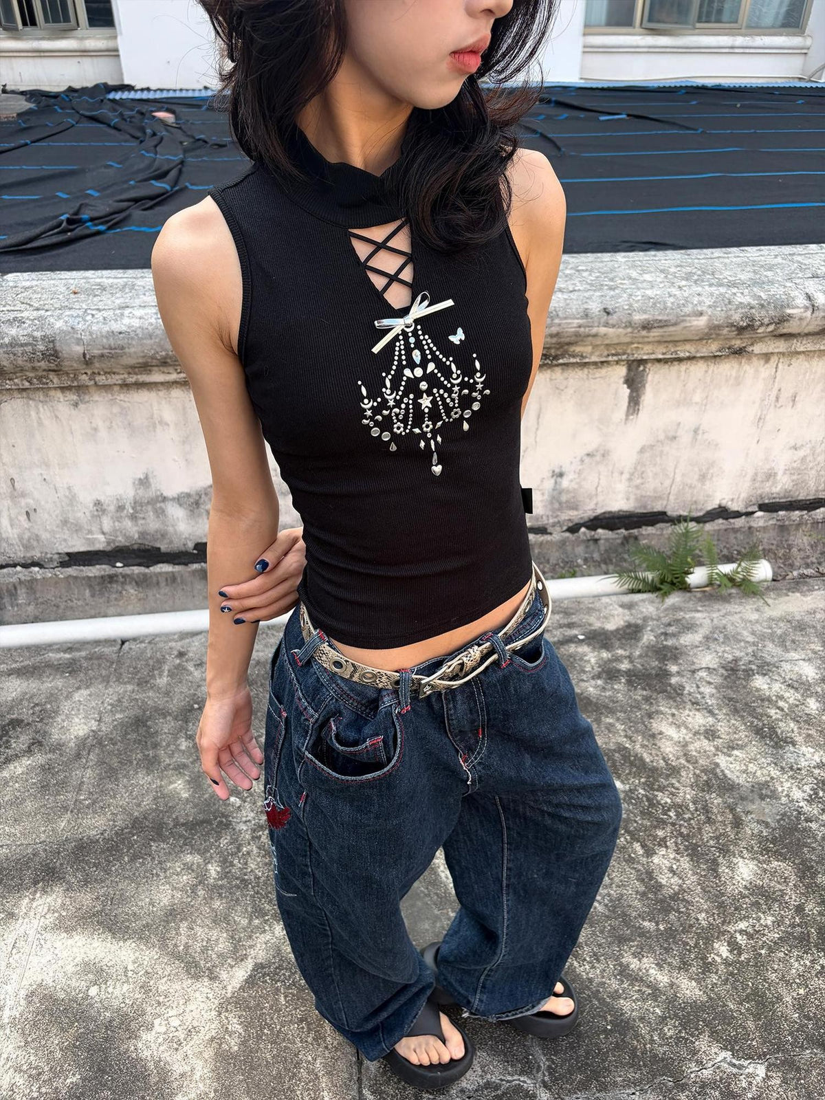 allbubble Silver Rhinestone High Neck Ribbed Knit Women's Cotton Tank Tops