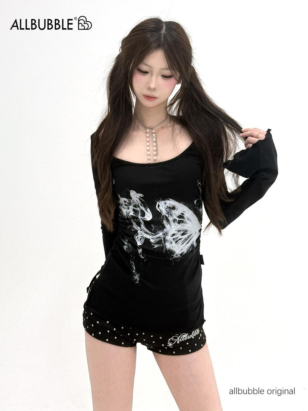allbubble Smoke Butterfly Art Print Ruched Waist Women's Lyocell Long Sleeve T-shirts