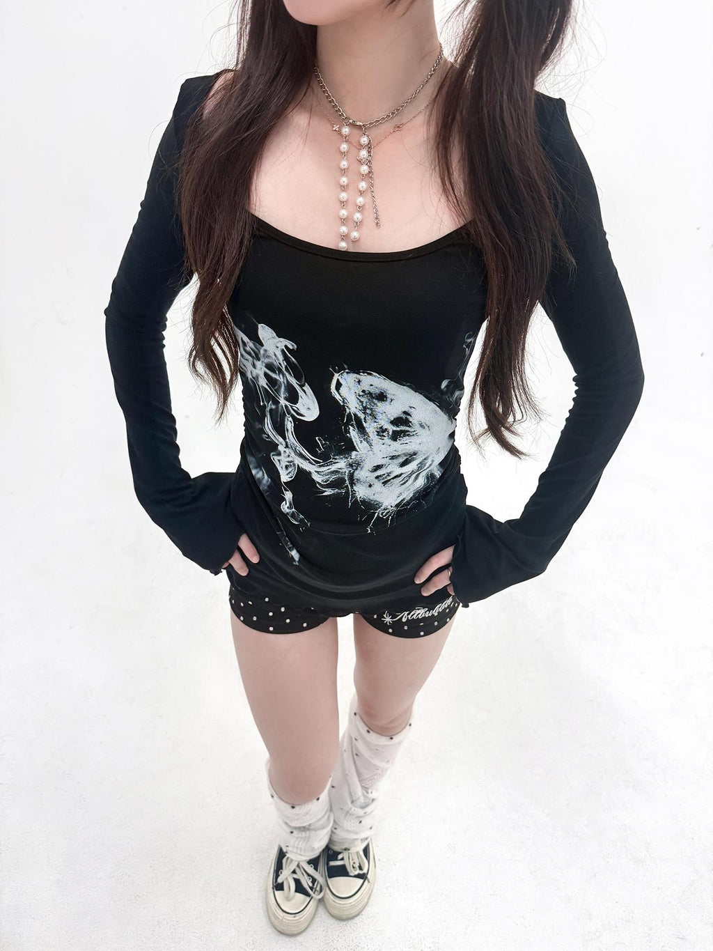 allbubble Smoke Butterfly Art Print Ruched Waist Women's Lyocell Long Sleeve T-shirts